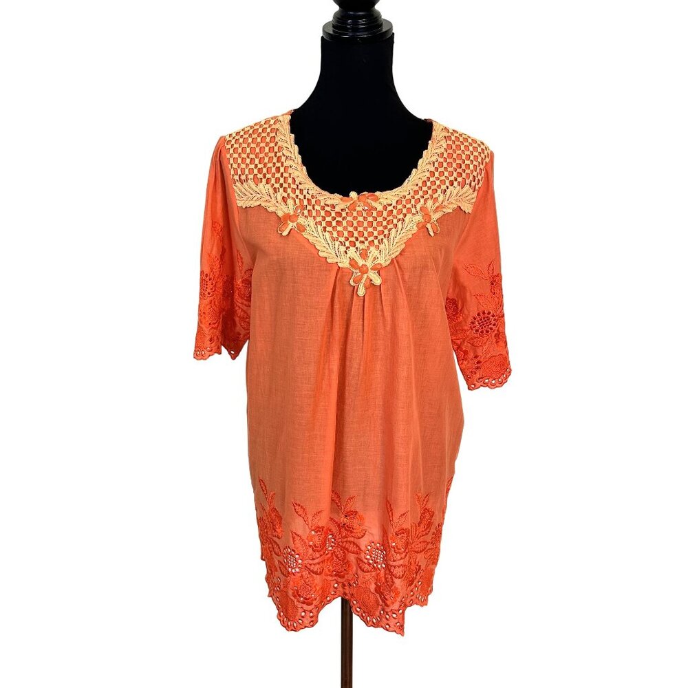 Orange Cotton Tunic Top Crochet Lace Blouse Beaded Large Amelia Austin Italy